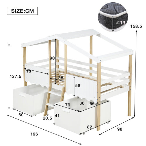 Children's House-Shape Storage Bed, Mid-Sleeper With Large Under-Bed Storage Boxes - White