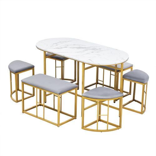 7-Piece Dining Set, Marble Effect Table & 6 Padded Stools. Space Saving Dining Set