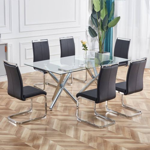 Set-Of-4 Cantilever Chairs. Soft PU Leather Upholstered Stylish Chairs - Black