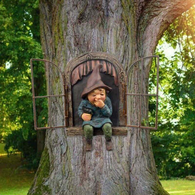 Naughty Garden Gnome Statue, Elf Out The Door Tree Hugger