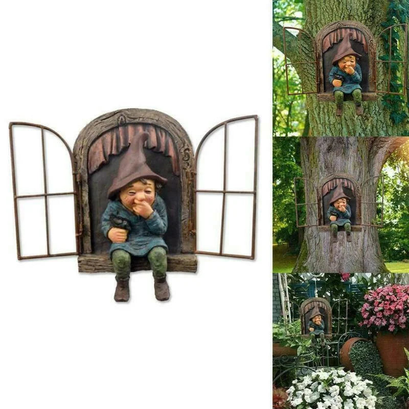 Naughty Garden Gnome Statue, Elf Out The Door Tree Hugger