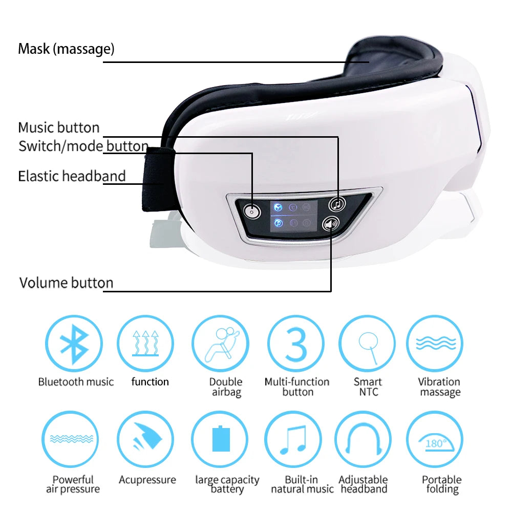 6D Wireless Eye Massager, Multi-Function, Heat And Vibration With Bluetooth Music Feature