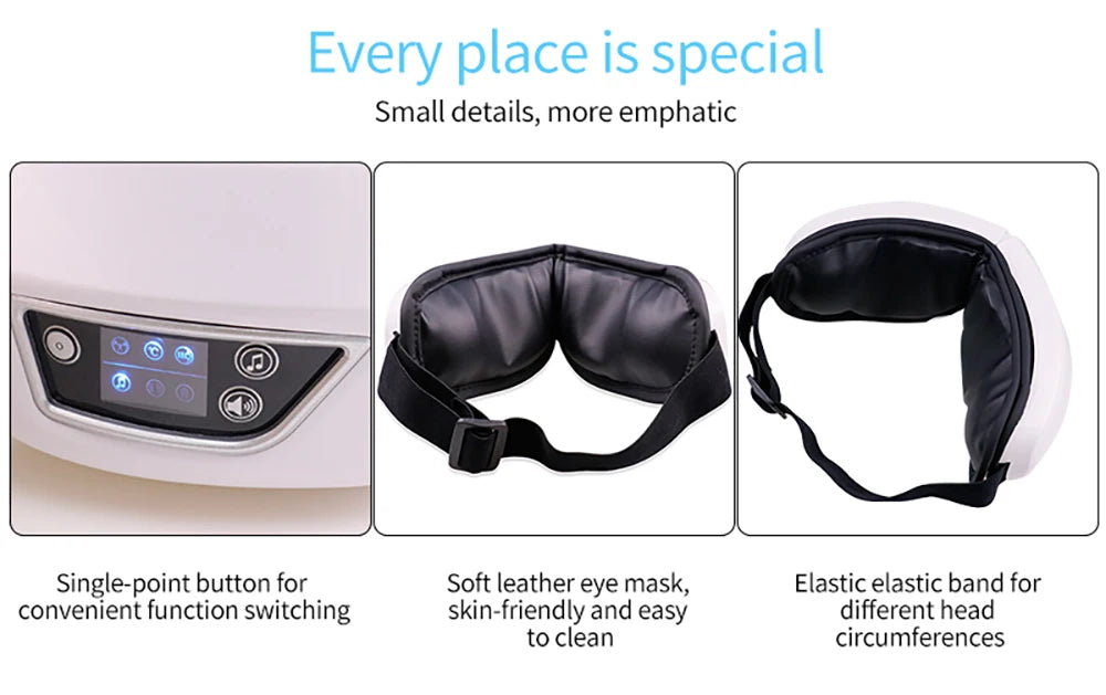 6D Wireless Eye Massager, Multi-Function, Heat And Vibration With Bluetooth Music Feature