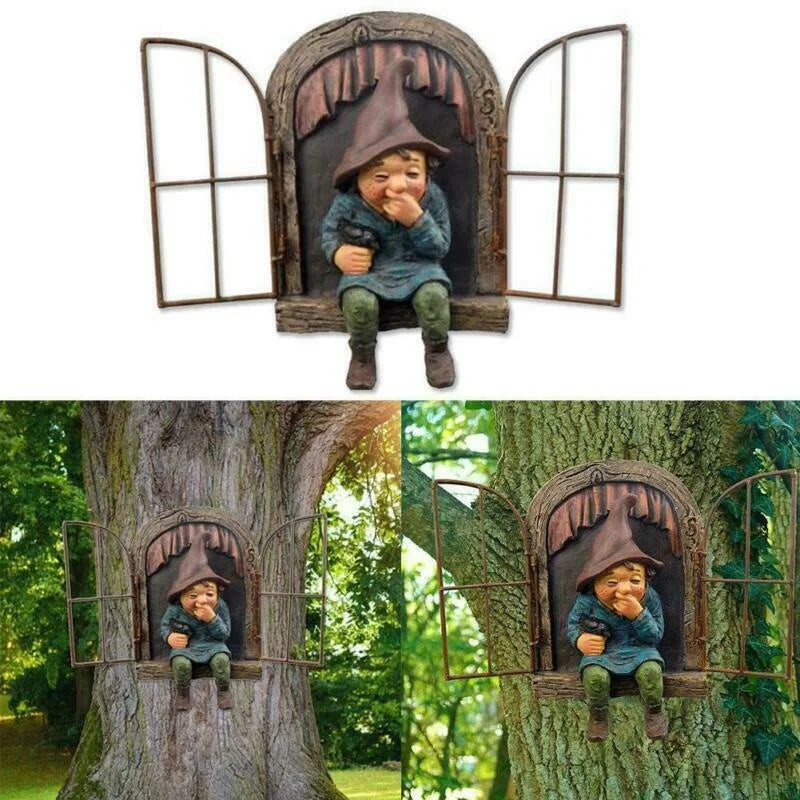 Naughty Garden Gnome Statue, Elf Out The Door Tree Hugger