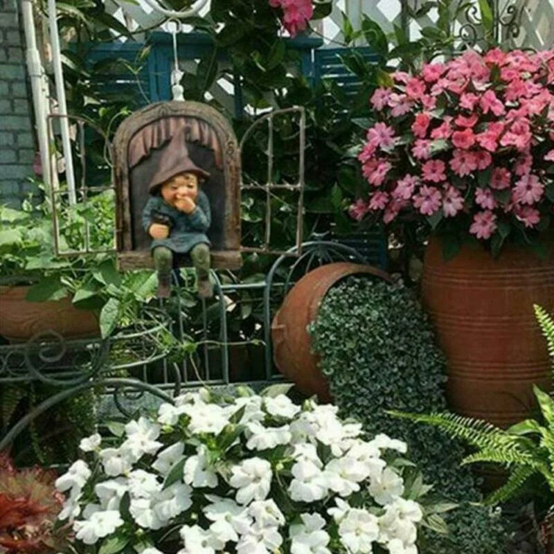Naughty Garden Gnome Statue, Elf Out The Door Tree Hugger