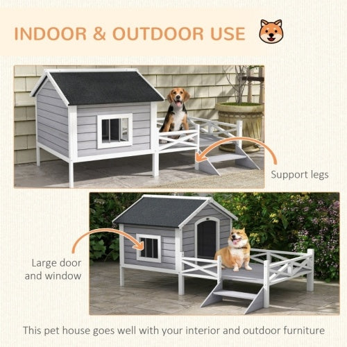 PawHut Small Medium Dog House With Porch, Grey