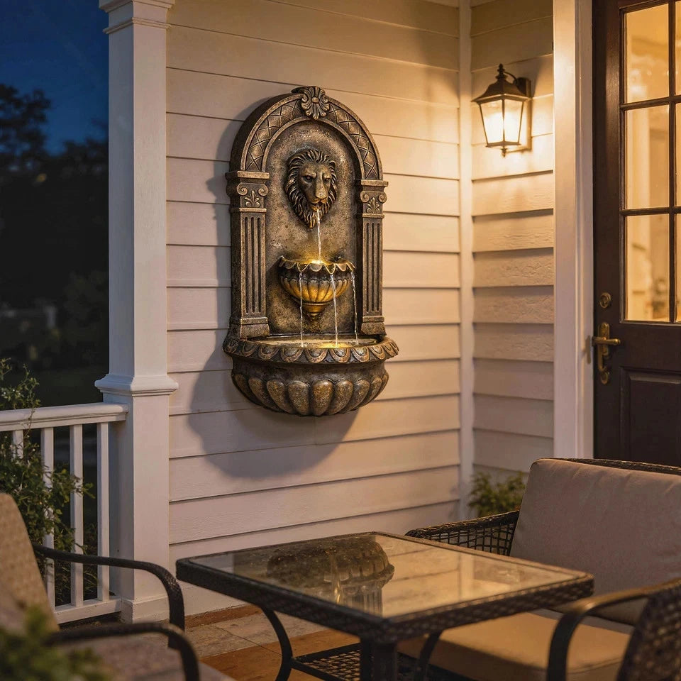 Wall Mounted Garden Water Fountain LED Lion Head 3 Tier Outdoor Water Feature