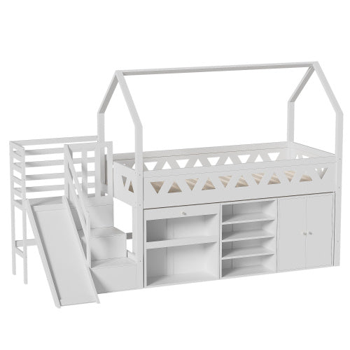 Children's Single Bed With Slide & Stairs, Built-In Storage Mid Sleeper Bunk Bed