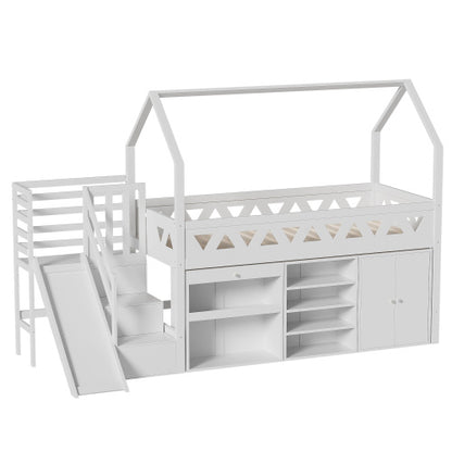 Children's Single Bed With Slide & Stairs, Built-In Storage Mid Sleeper Bunk Bed