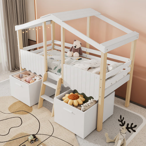 Children's House-Shape Storage Bed, Mid-Sleeper With Large Under-Bed Storage Boxes - White