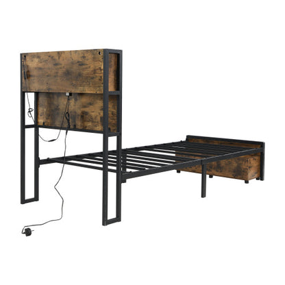 Multifunctional Single Bed, Under-Bed & Headboard Storage LED, USB & USB-C Ports, Metal Frame - Black