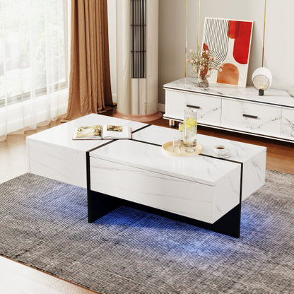 High Gloss Coffee Table, White Marble-Effect Tea Table With Black Detail & Hidden Storage