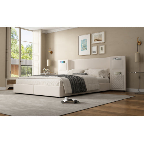 Velvet Upholstered Double Bed With Storage Drawers & Headboard Side Pockets