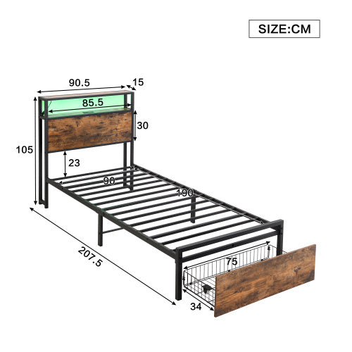 Single Bed, With Under-Bed Storage, Headboard Shelf, LED, USB & USB-C Ports, Metal Frame - Black