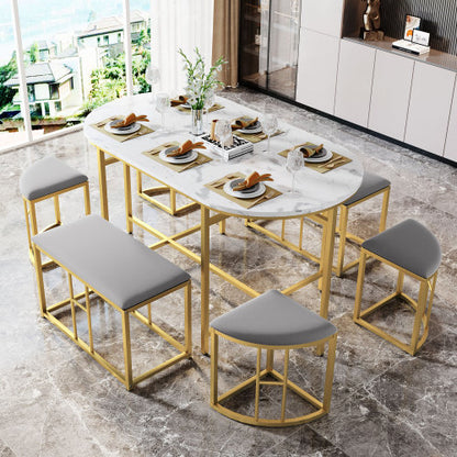 7-Piece Dining Set, Marble Effect Table & 6 Padded Stools. Space Saving Dining Set