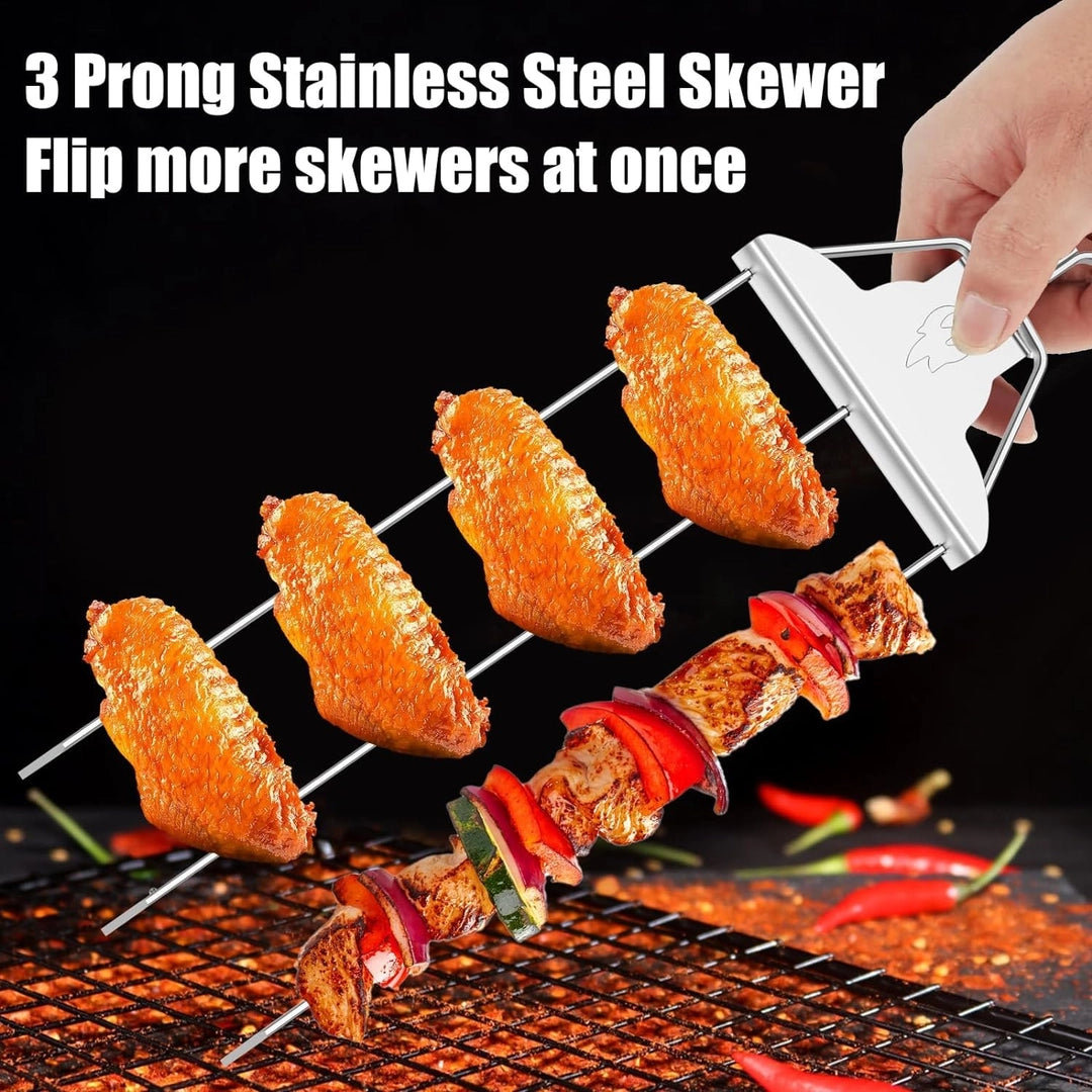 2 Pcs 3-Way Skewers Kit. Heavy Duty BBQ Kebab, Stainless Steel Accessory With Holders, Brush And Storage Bag