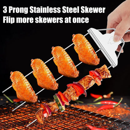 2 Pcs 3-Way Skewers Kit. Heavy Duty BBQ Kebab, Stainless Steel Accessory With Holders, Brush And Storage Bag
