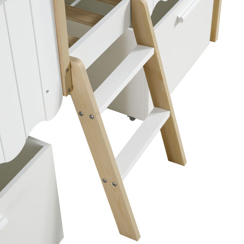 Children's House-Shape Storage Bed, Mid-Sleeper With Large Under-Bed Storage Boxes - White