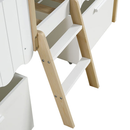 Children's House-Shape Storage Bed, Mid-Sleeper With Large Under-Bed Storage Boxes - White