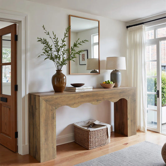 Farmhouse Console Table with Wavy Edge Design – Rustic Entryway & Living Room Accent Table