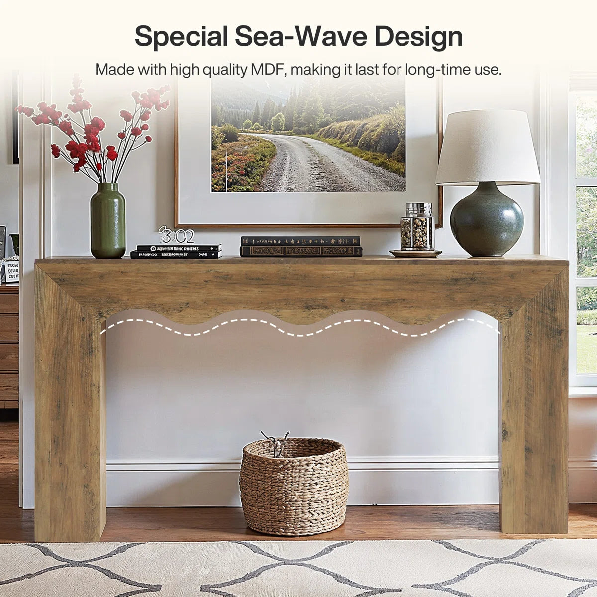 Farmhouse Console Table with Wavy Edge Design – Rustic Entryway & Living Room Accent Table