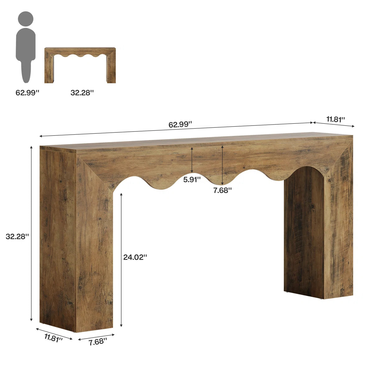Farmhouse Console Table with Wavy Edge Design – Rustic Entryway & Living Room Accent Table