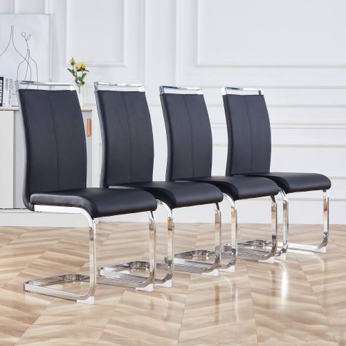 Set-Of-4 Cantilever Chairs. Soft PU Leather Upholstered Stylish Chairs - Black