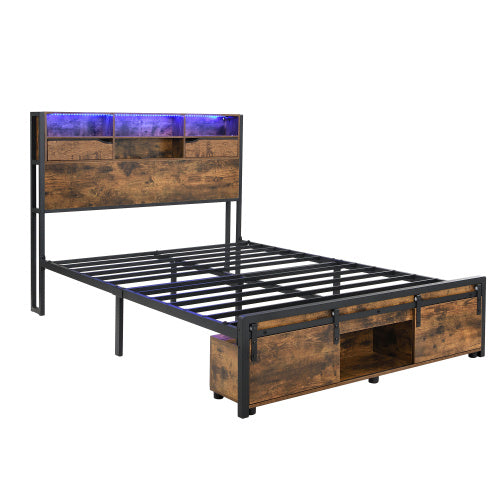 Multifunctional Double Bed, Under-Bed & Headboard Storage LED, USB & USB-C Ports. Black Metal Frame