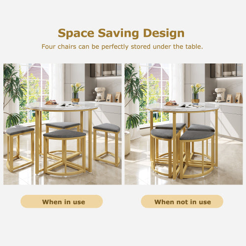 5-Piece Dining Set Marble Effect Table & 4 Padded Stools Space Saving Dining Set