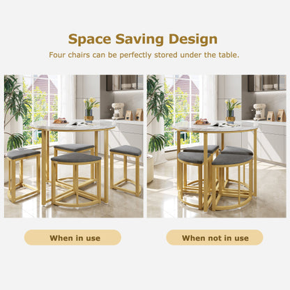 5-Piece Dining Set Marble Effect Table & 4 Padded Stools Space Saving Dining Set