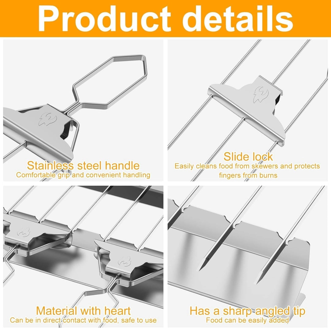 2 Pcs 3-Way Skewers Kit. Heavy Duty BBQ Kebab, Stainless Steel Accessory With Holders, Brush And Storage Bag