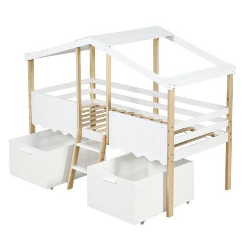 Children's House-Shape Storage Bed, Mid-Sleeper With Large Under-Bed Storage Boxes - White