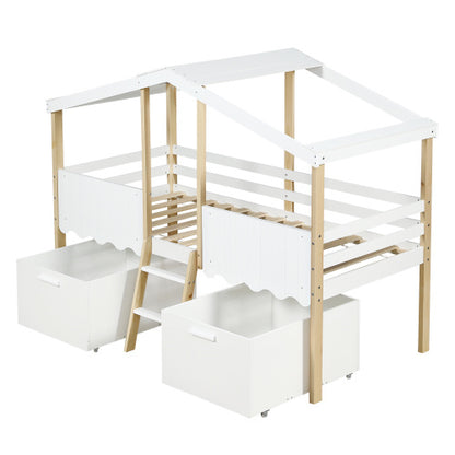 Children's House-Shape Storage Bed, Mid-Sleeper With Large Under-Bed Storage Boxes - White