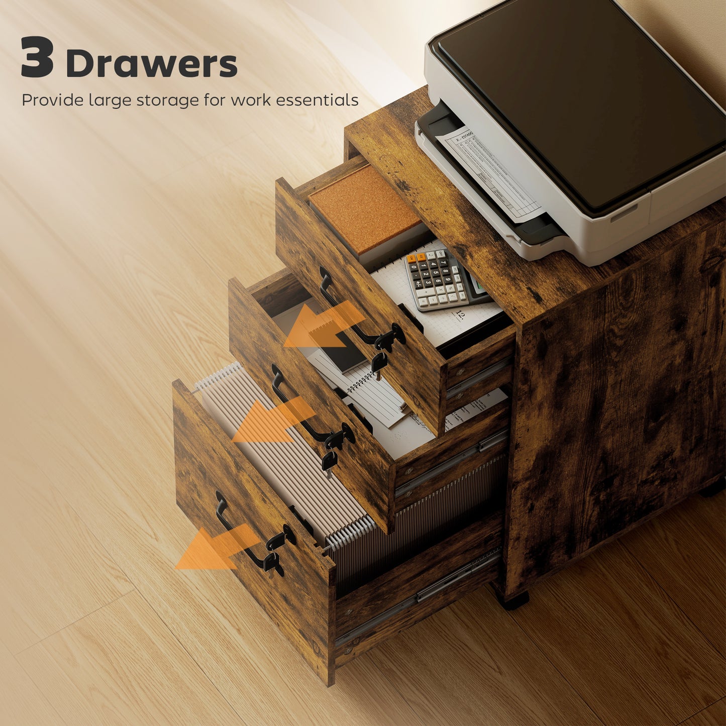 Rustic Brown 3-Drawer Mobile Filing Cabinet with Lockable Drawers