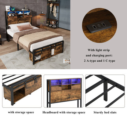 Multifunctional Single Bed, Under-Bed & Headboard Storage LED, USB & USB-C Ports, Metal Frame - Black