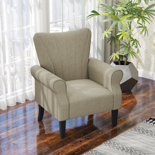 HOMCOM Upholstered Accent Chair With Rolled Arms And Solid Wood Legs - Beige