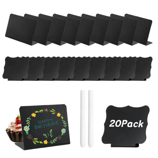 20pcs Mini Chalkboard Signs With 2 Water Soluble Pens. 2 Reusable Designs For Weddings, Parties, Product Labelling And More