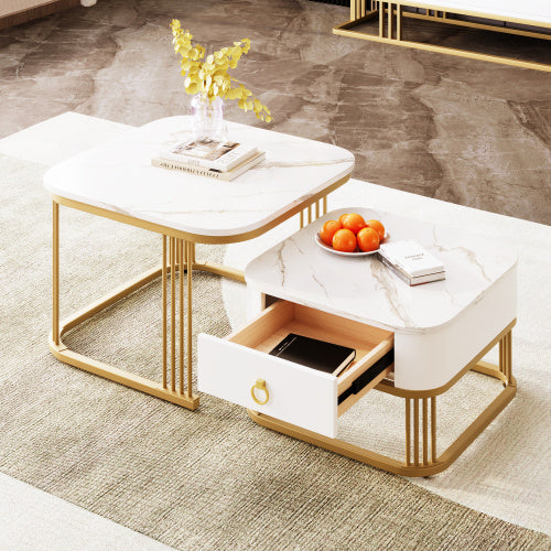 Nestable Coffee Table, High Gloss Marble Exterior/Glass Top, Gold Accents, Side Tables With Drawer. Set Of Two