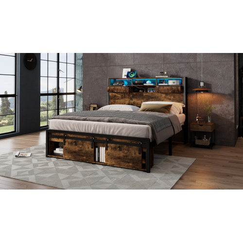 Multifunctional Double Bed, Under-Bed & Headboard Storage LED, USB & USB-C Ports. Black Metal Frame