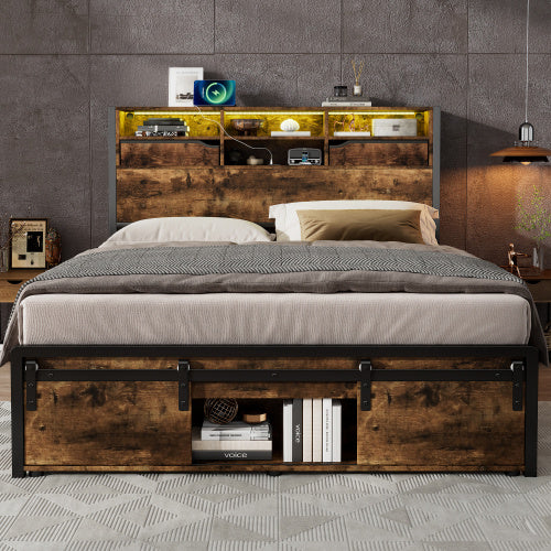 Multifunctional Double Bed, Under-Bed & Headboard Storage LED, USB & USB-C Ports. Black Metal Frame