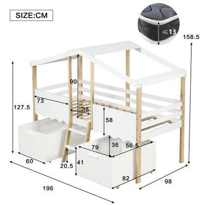 Children's House-Shape Storage Bed, Mid-Sleeper With Large Under-Bed Storage Boxes - White