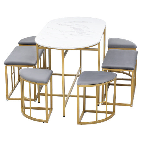 7-Piece Dining Set, Marble Effect Table & 6 Padded Stools. Space Saving Dining Set