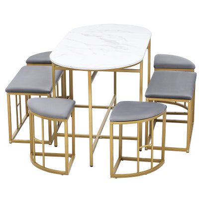 7-Piece Dining Set, Marble Effect Table & 6 Padded Stools. Space Saving Dining Set