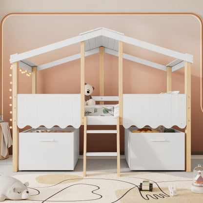 Children's House-Shape Storage Bed, Mid-Sleeper With Large Under-Bed Storage Boxes - White