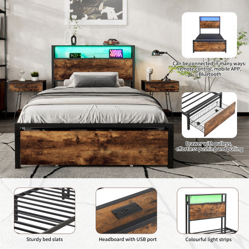 Single Bed, With Under-Bed Storage, Headboard Shelf, LED, USB & USB-C Ports, Metal Frame - Black