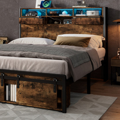 Multifunctional Double Bed, Under-Bed & Headboard Storage LED, USB & USB-C Ports. Black Metal Frame