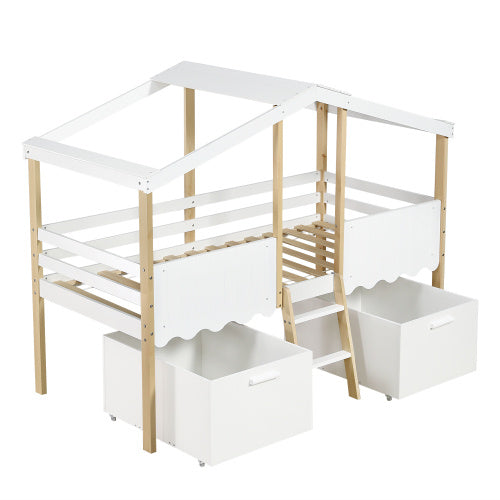 Children's House-Shape Storage Bed, Mid-Sleeper With Large Under-Bed Storage Boxes - White