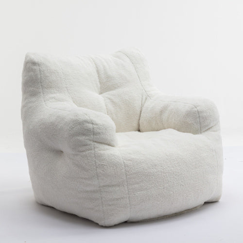 Soft Tufted Plush Foam-Filled Bean Bag Chair, Teddy Fleece Fabric, Ivory White