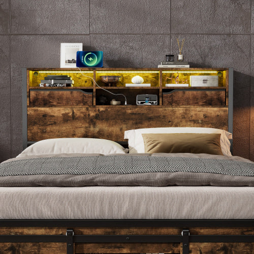 Multifunctional Double Bed, Under-Bed & Headboard Storage LED, USB & USB-C Ports. Black Metal Frame