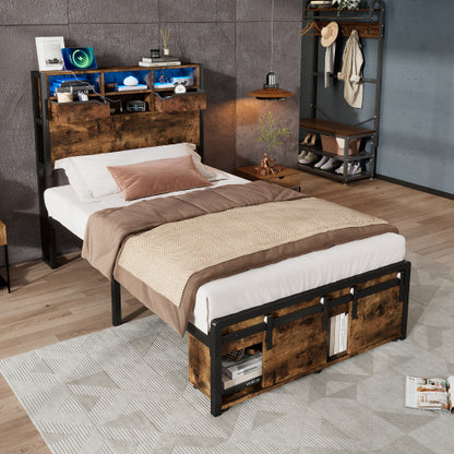 Multifunctional Single Bed, Under-Bed & Headboard Storage LED, USB & USB-C Ports, Metal Frame - Black